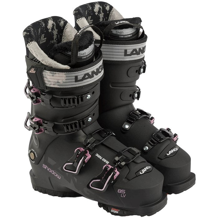 Lange Women's Shadow 85 LV Ski Boot 2025 - Black ski boot with white and gray accents, featuring a textured pattern on the tongue.