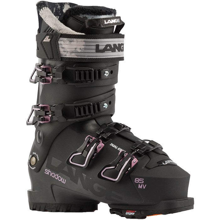 Lange Women's 85 MV Ski Boot 2025 - Black ski boot with white accents and a textured pattern on the tongue.