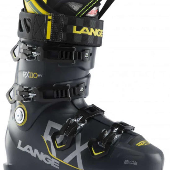 Lange RX 110 LV Ski Boot 2023 - Black ski boot with yellow accents and white lettering on the side.