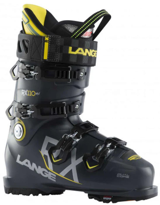 Lange RX 110 LV Ski Boot 2023 - Black ski boot with yellow accents and white lettering on the side.