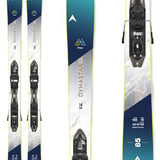 Dynastar Women's M-Pro 85 Skis with XP11 Bindings - White skis with a diagonal blue stripe and silver lettering, featuring black bindings.
