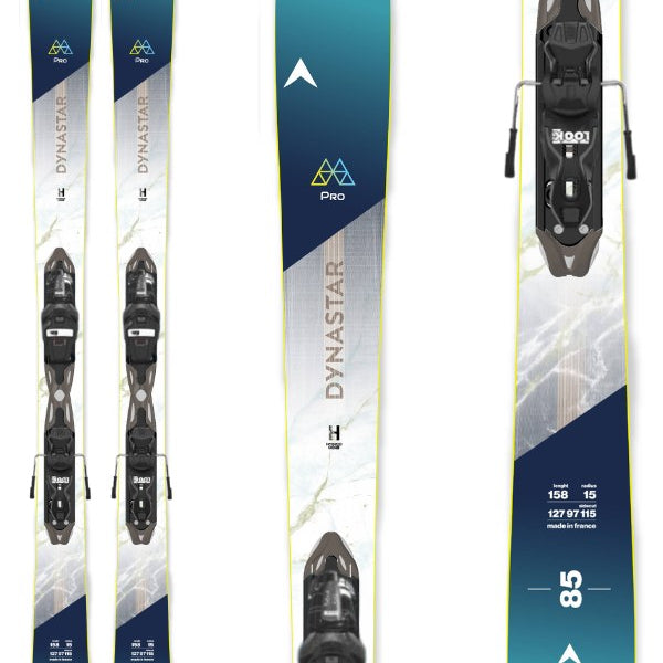 Dynastar Women's M-Pro 85 Skis with XP11 Bindings - White skis with a diagonal blue stripe and silver lettering, featuring black bindings.