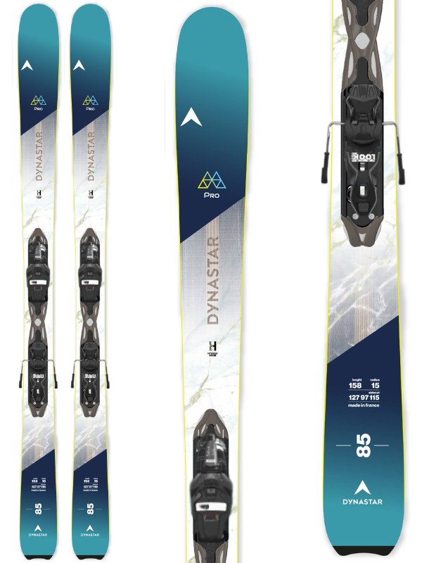 Dynastar Women's M-Pro 85 Skis with XP11 Bindings - White skis with a diagonal blue stripe and silver lettering, featuring black bindings.