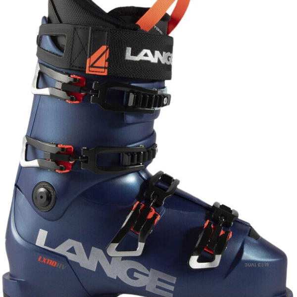 Lange LX 110 HV Ski Boots 2025 - Black ski boots with silver lettering and a black strap on top.