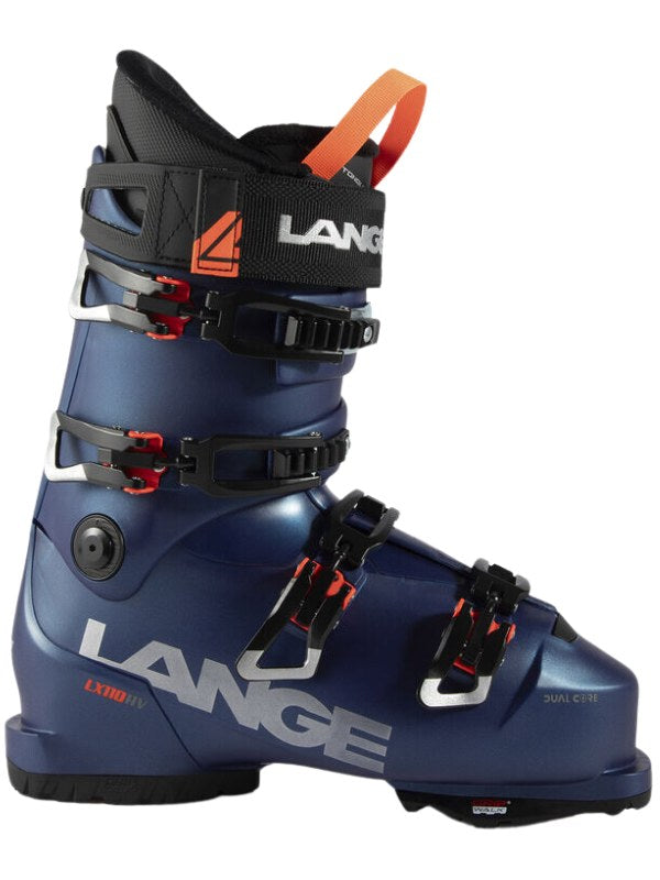 Lange LX 110 HV Ski Boots 2025 - Black ski boots with silver lettering and a black strap on top.