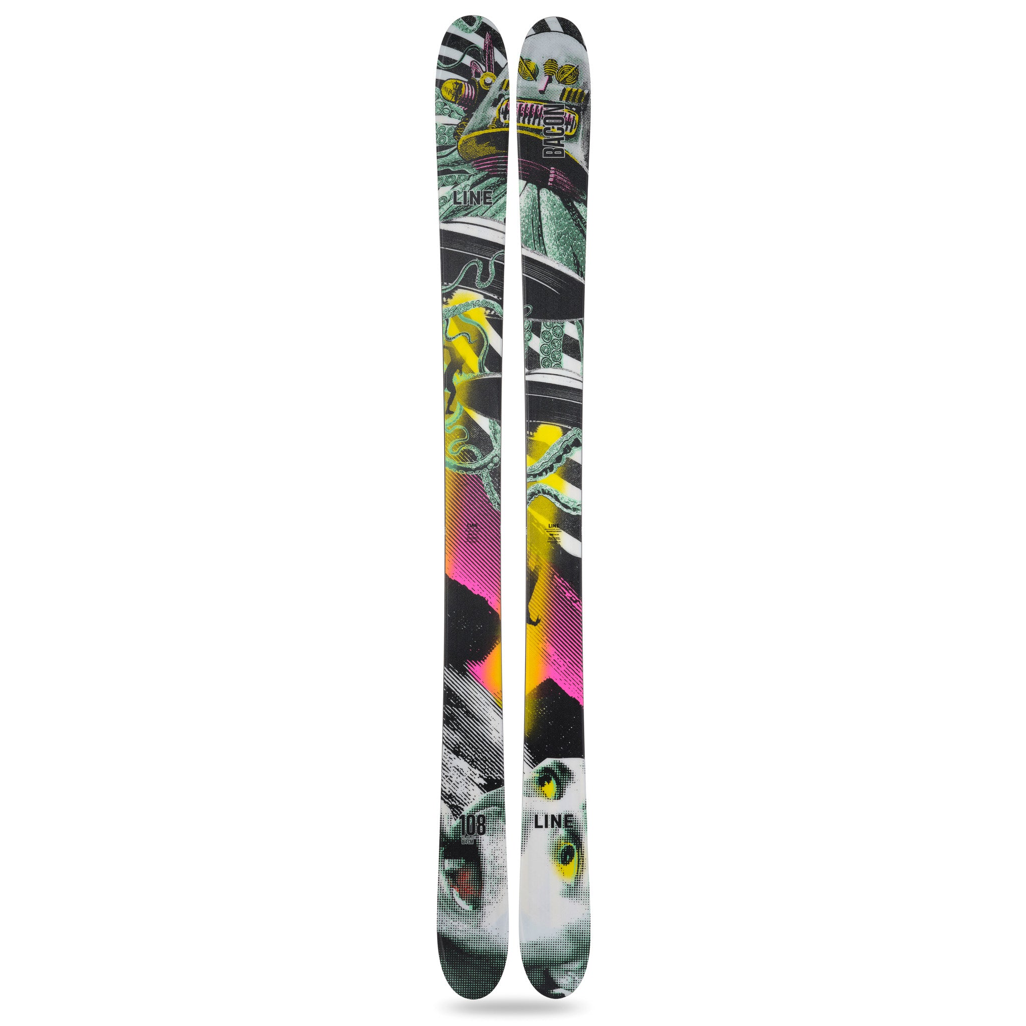Line Bacon 108 Ski 2025 - A black ski with a white graphic of a man's face and the word "Bacon" written in red letters.