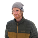 Line Dock Beanie 2025 - A gray beanie with a black tag on the front that reads "LINE" in white letters.