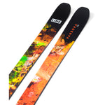 Line Pandora 106 Skis 2025 - A pair of skis with a black top and orange, green, and yellow abstract design on the bottom.