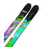 Line Women's Pandora 92 Skis 2025 - A pair of skis with a black top and a colorful, abstract pattern featuring shades of green, blue, pink, and purple.