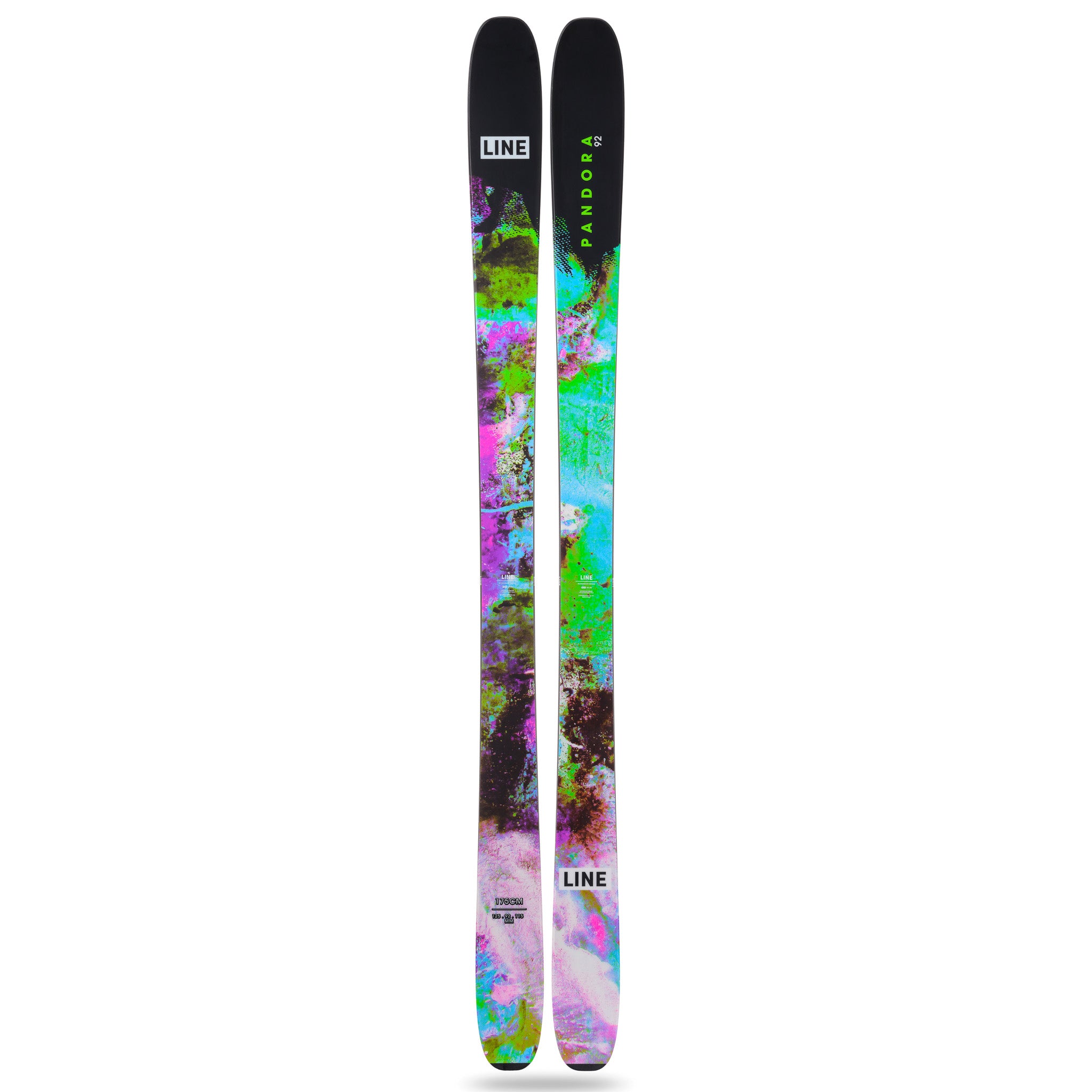 Line Women's Pandora 92 Skis 2025 - A pair of skis with a black top and bottom, featuring a vibrant green, blue, pink, and purple abstract pattern in between.