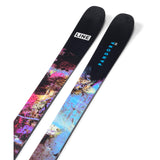 Line Women's Pandora 99 Skis 2025 - Black skis with a colorful abstract design featuring pink, yellow, blue and purple hues.