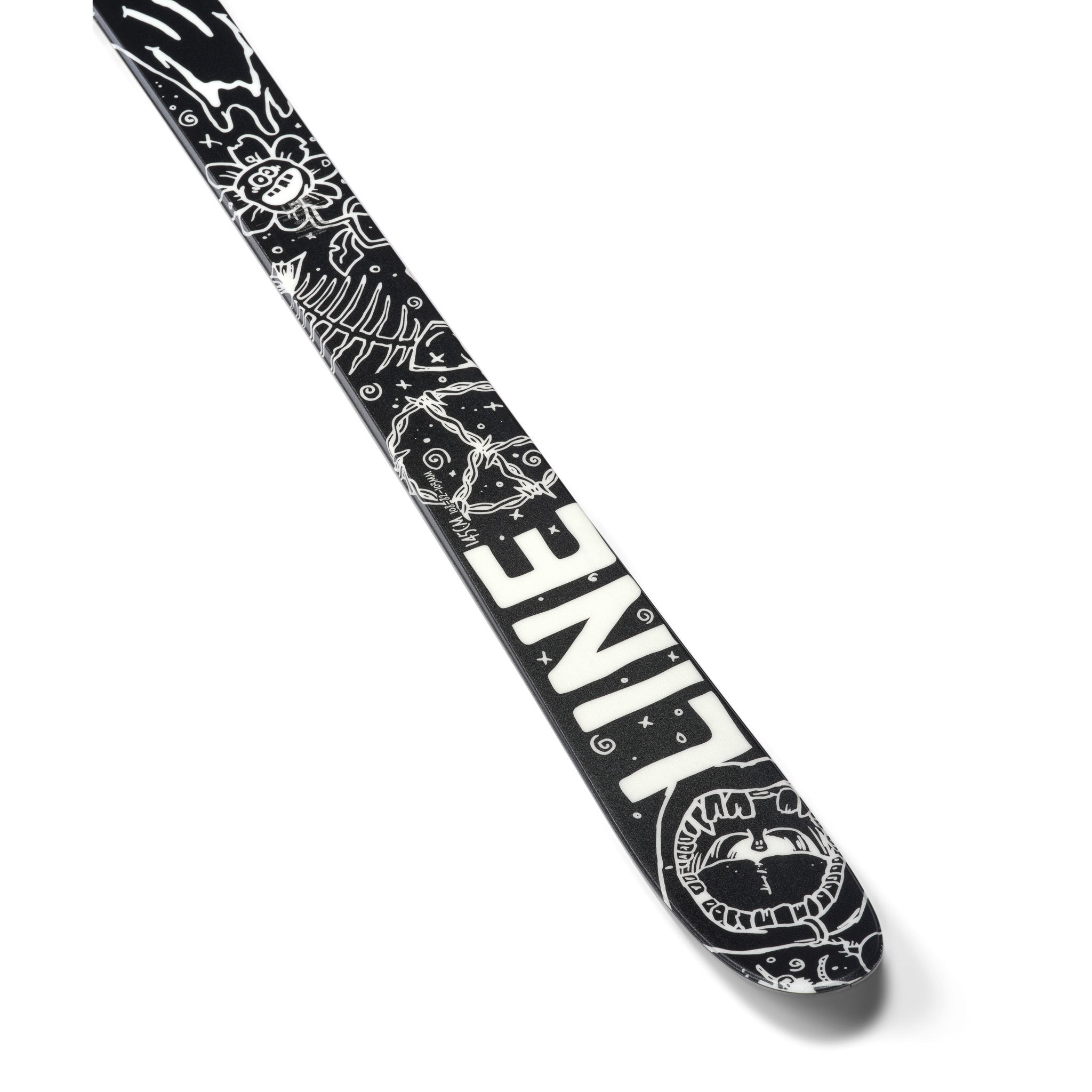 Line Junior's Ruckus Skis 2025 - Black skis with white line art illustrations of a smiling sun, mountains, and a snowboarder.