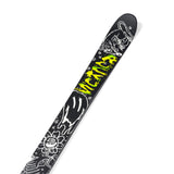 Line Junior's Ruckus Skis 2025 - A pair of black skis with a white cartoonish design featuring a smiling sun, flowers, and other whimsical elements.