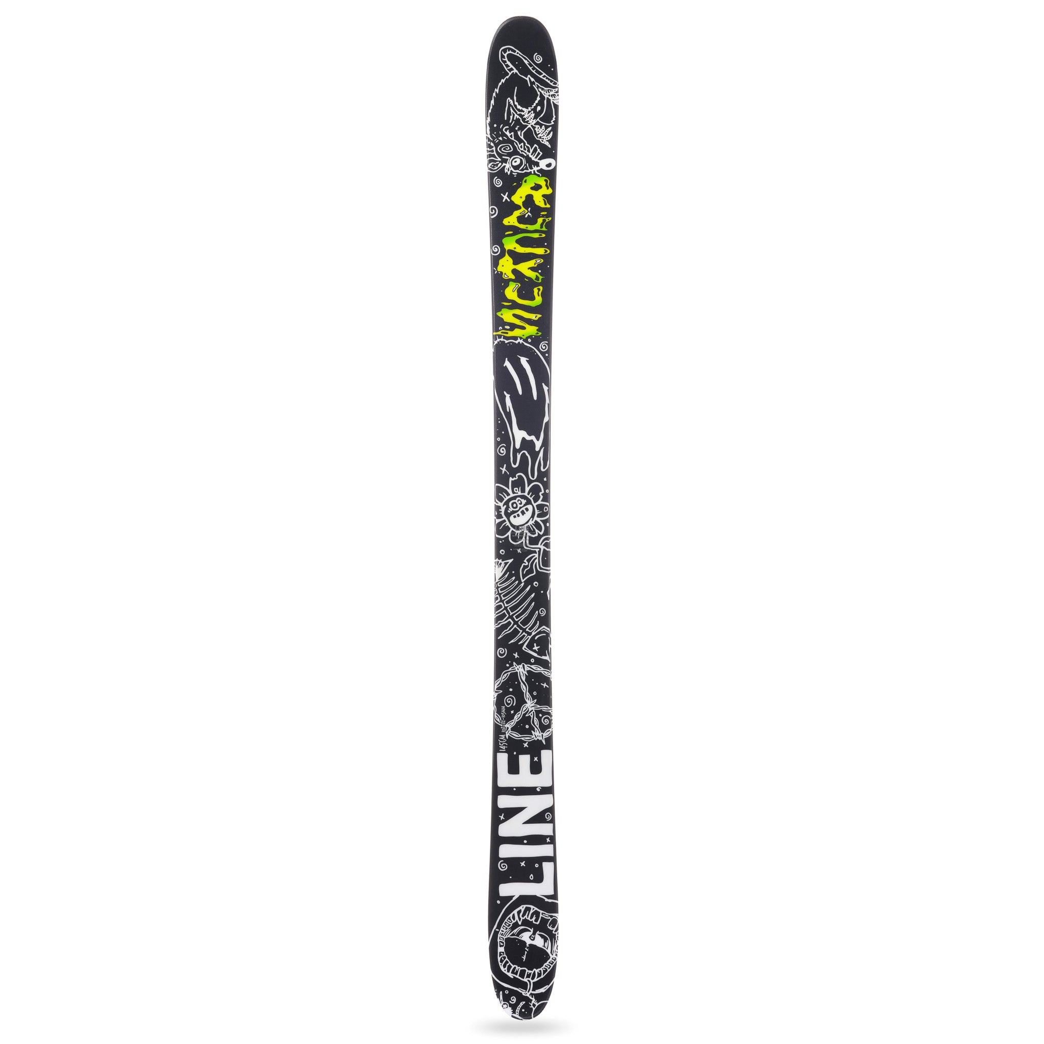 Line Junior's Ruckus Skis 2025 - Black skis with white graphics and a green logo on top.