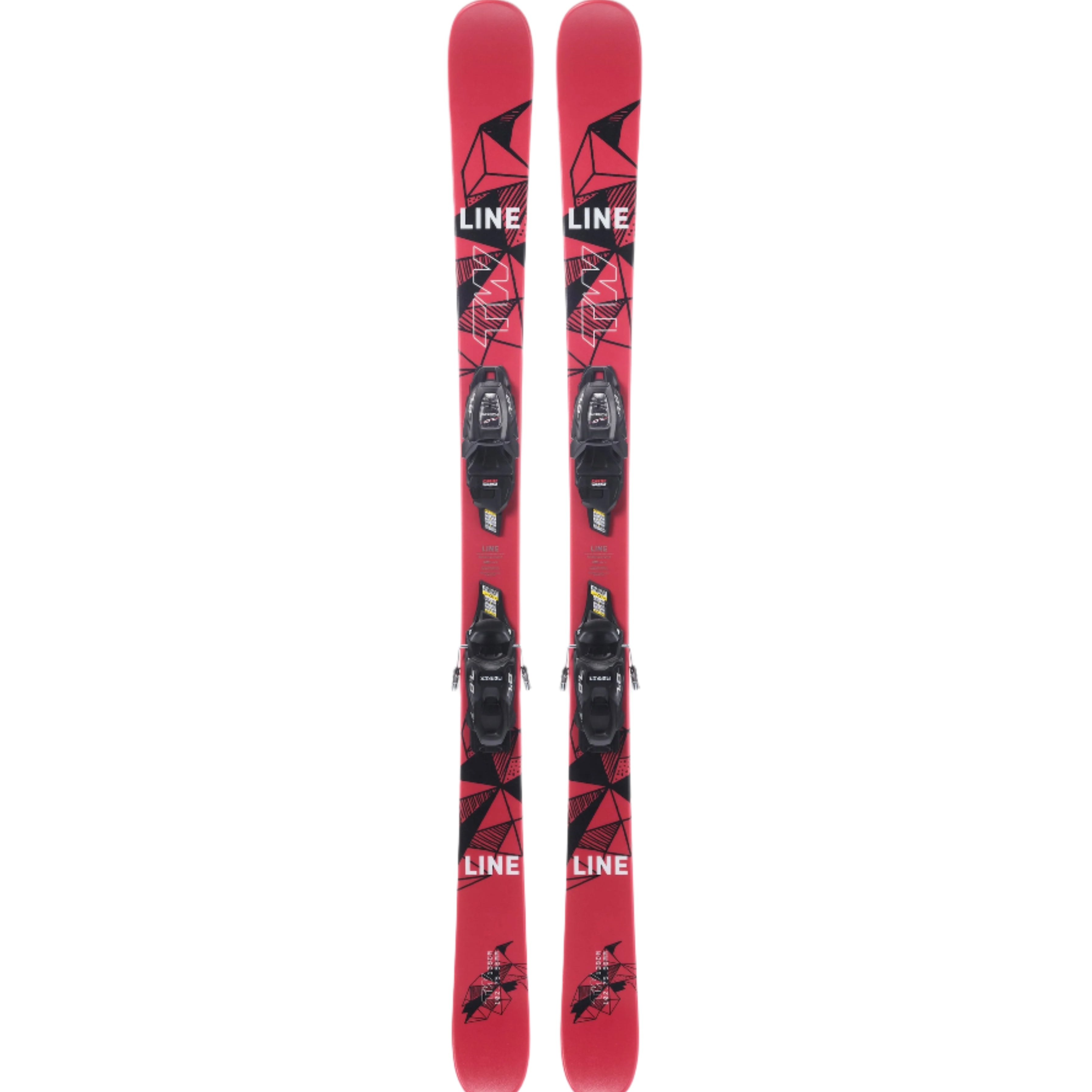 Line Junior Wallisch Shorty Skis with 7.0 Bindings - 2025 - Red skis with black geometric pattern and white line logo.
