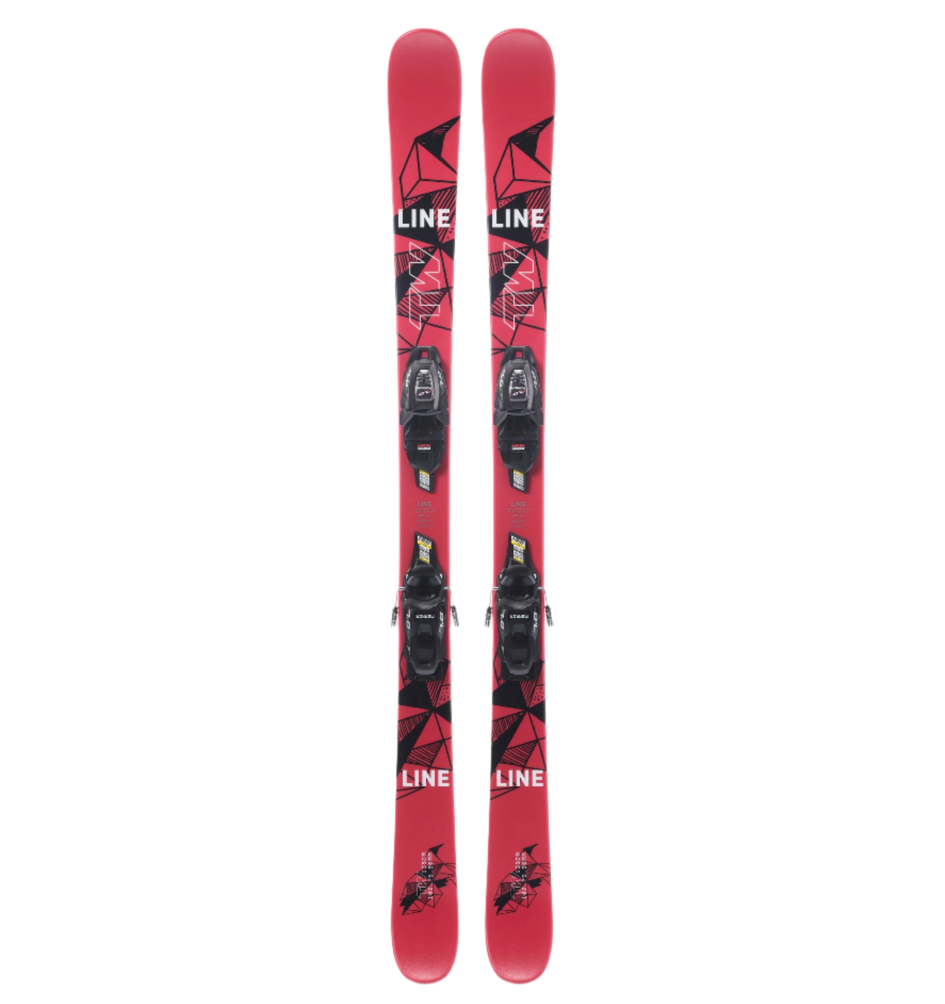Line Junior Wallisch Shorty Skis with 7.0 Bindings - 2025 - Red skis with black geometric pattern and white line logo.