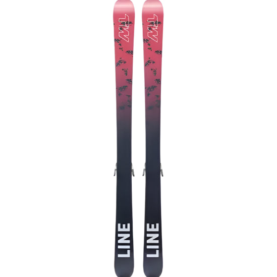 Line Junior Wallisch Shorty Skis with 7.0 Bindings - Pink skis with black designs and a white logo on top.