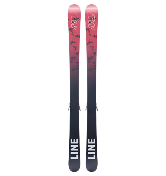 Line Junior Wallisch Shorty Skis with 7.0 Bindings - Pink skis with black designs and a white logo on top.