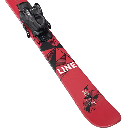 Line Junior Wallisch Shorty Skis with 7.0 Bindings - Red skis with black bindings and a geometric pattern on top.