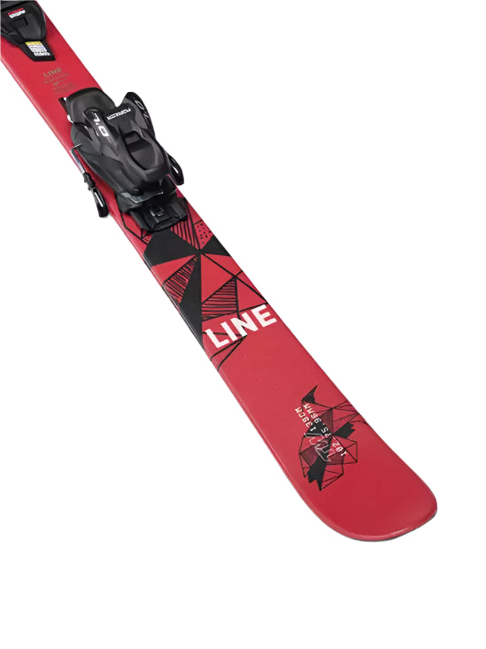 Line Junior Wallisch Shorty Skis with 7.0 Bindings - Red skis with black bindings and a geometric pattern on top.