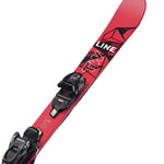 Line Junior Wallisch Shorty Skis with 7.0 Bindings - Red skis with black bindings and a geometric design on top.