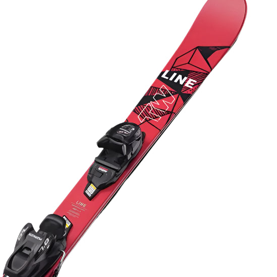 Line Junior Wallisch Shorty Skis with 7.0 Bindings - Red skis with black bindings and a geometric design on top.