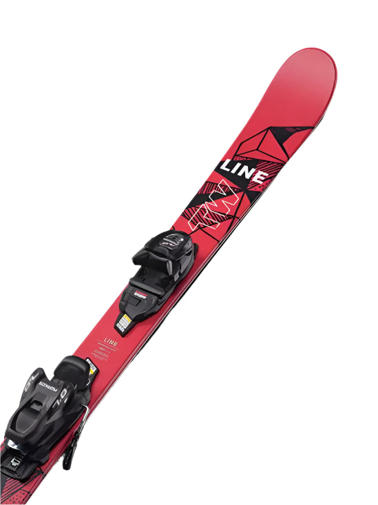 Line Junior Wallisch Shorty Skis with 7.0 Bindings - Red skis with black bindings and a geometric design on top.