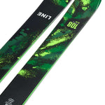 Line Bacon 108 Skis 2024 - Green skis with a black base and green splatter design.