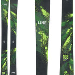 Line Bacon 108 Skis 2024 - Black skis with green splatter design and white lettering.