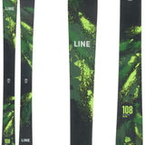 Line Bacon 108 Skis 2024 - Black skis with green splatter design and white lettering.