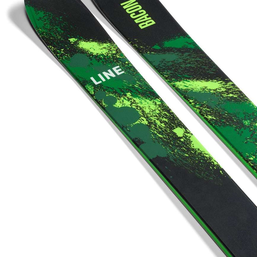 Line Bacon 108 Skis 2024 - Green skis with black tops and a green splatter pattern on the bottom.