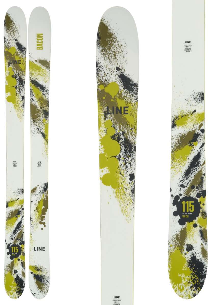 Line Bacon 115 Skis 2024 - White skis with green splatter design and black text that reads "LINE" on top.