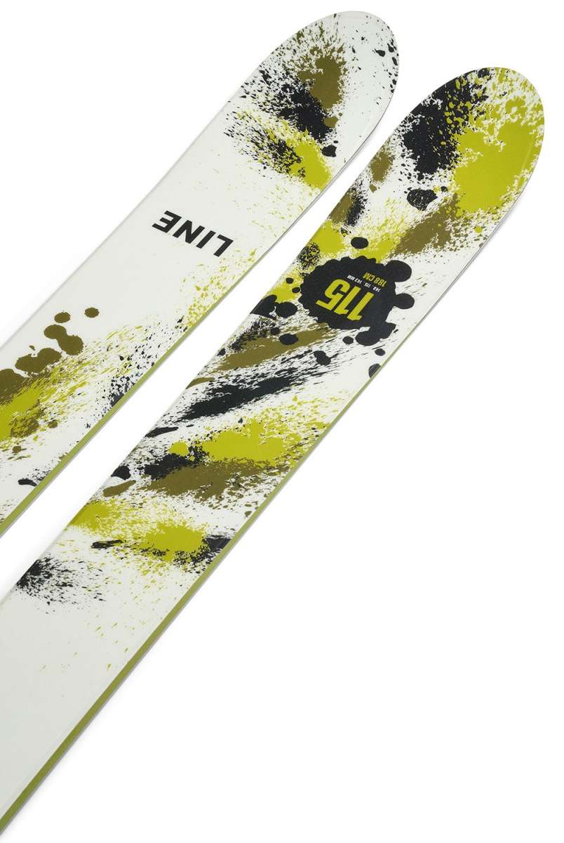 Line Bacon 115 Skis 2024 - White skis with black and yellow splatter design.