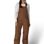 Women’s insulated bib overalls in brown with front pockets, adjustable straps, and cuff accents.