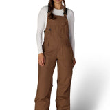 Women’s insulated bib overalls in brown with front pockets, adjustable straps, and cuff accents.