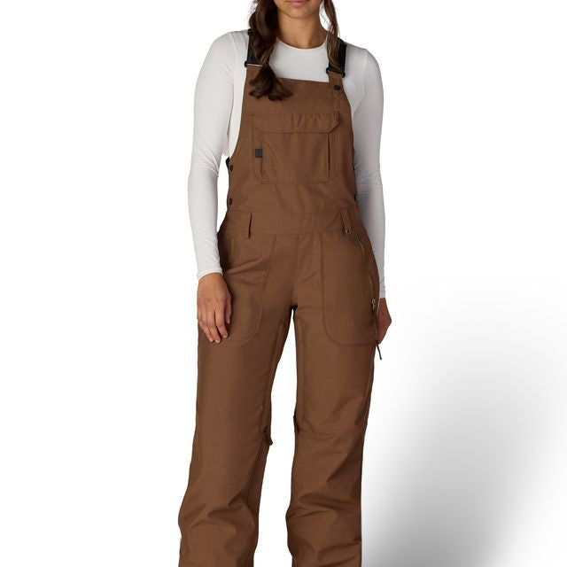 Women’s insulated bib overalls in brown with front pockets, adjustable straps, and cuff accents.