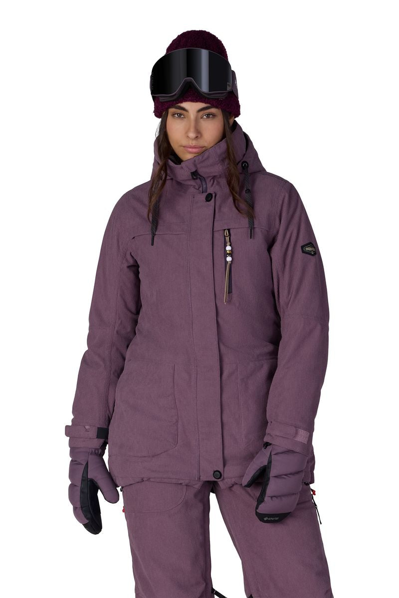 Women's plum insulated jacket with hood, front zipper, and side pockets