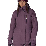 Women's plum insulated jacket with hood, front zipper, and side pockets