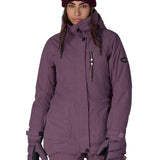 Women's plum insulated jacket with hood, front zipper, and side pockets