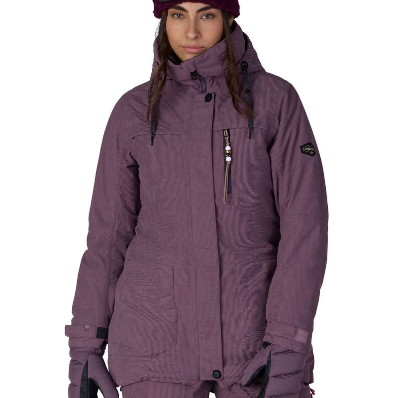 Women's plum insulated jacket with hood, front zipper, and side pockets