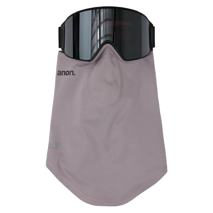 A light puple face mask integrated with a black ski goggle. The mask covers the lower face and neck, with a small mesh area over the mouth. The brand name "anon." is printed in black on the left side of the mask, and "MFI" is printed in gray on the lower left.