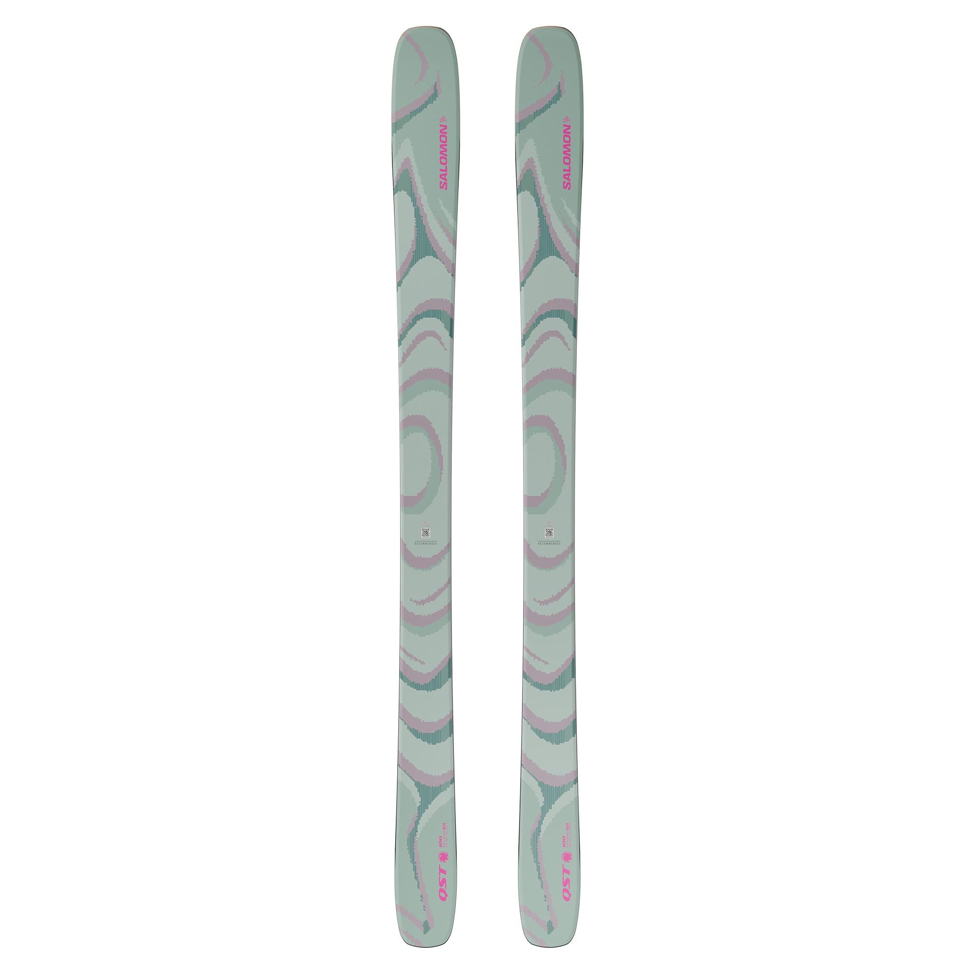 Salomon QST 100 Skis 2026 - A pair of skis with a light green base color and darker green swirls.