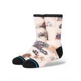 Stance x Star Wars Kid's Return of the Jedi Crew Sock 2023 - A pair of white crew socks with a repeating pattern of characters from the movie, including Luke Skywalker and Darth Vader.