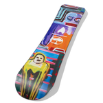 Arbor Metal Machine 2026 - A black snowboard with a white logo on top of it, featuring a man riding it down a mountain.