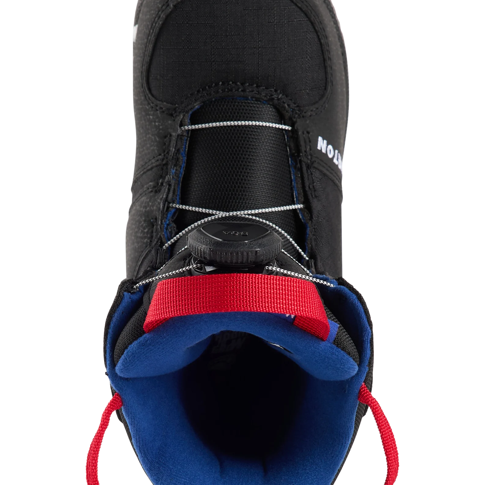 Kids BOA snowboard boot, black upper with blue interior and red lace pull strap