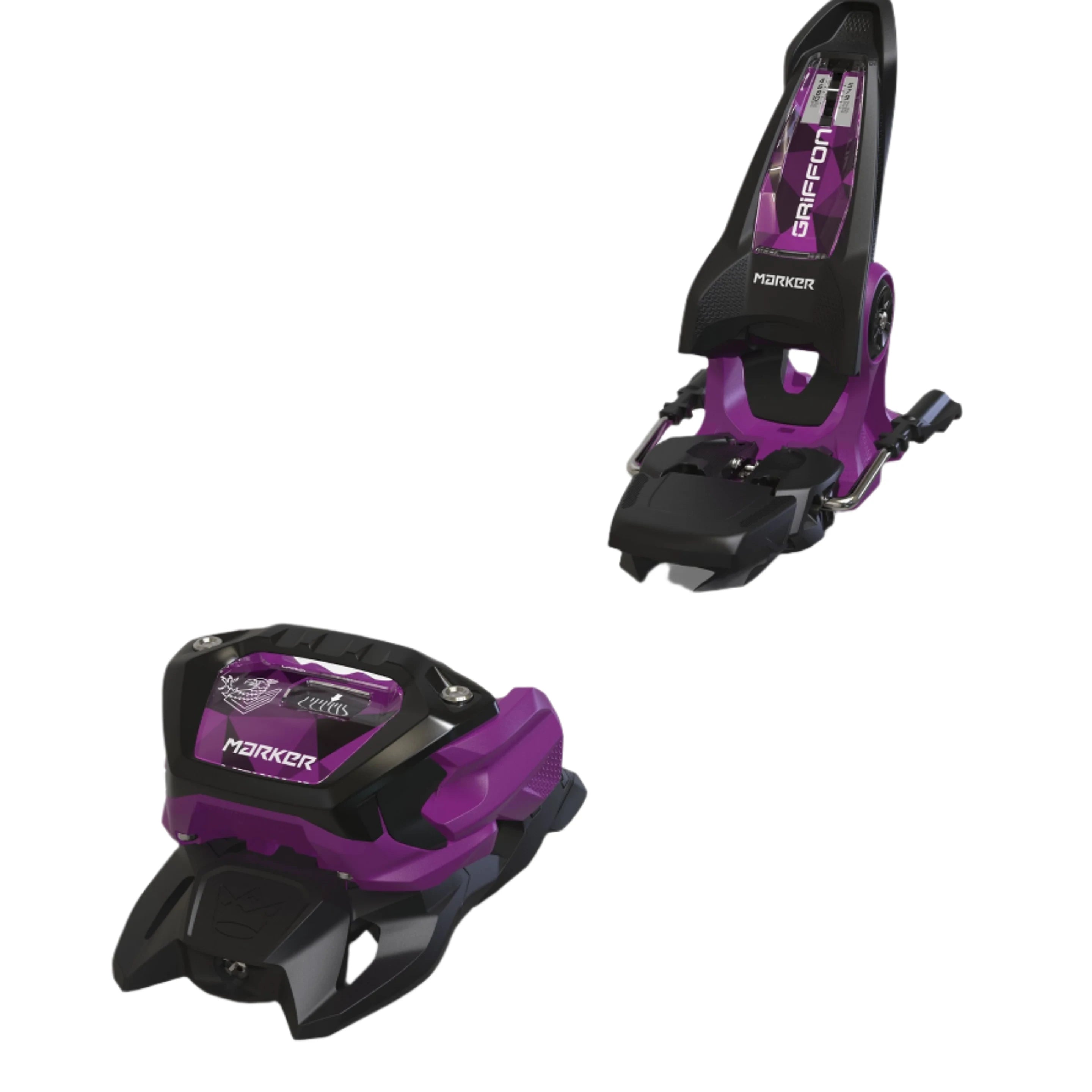 Marker Griffon - 13 ID Ski Bindings 2025 are purple with black hardware and a clear plastic window on the toe piece.