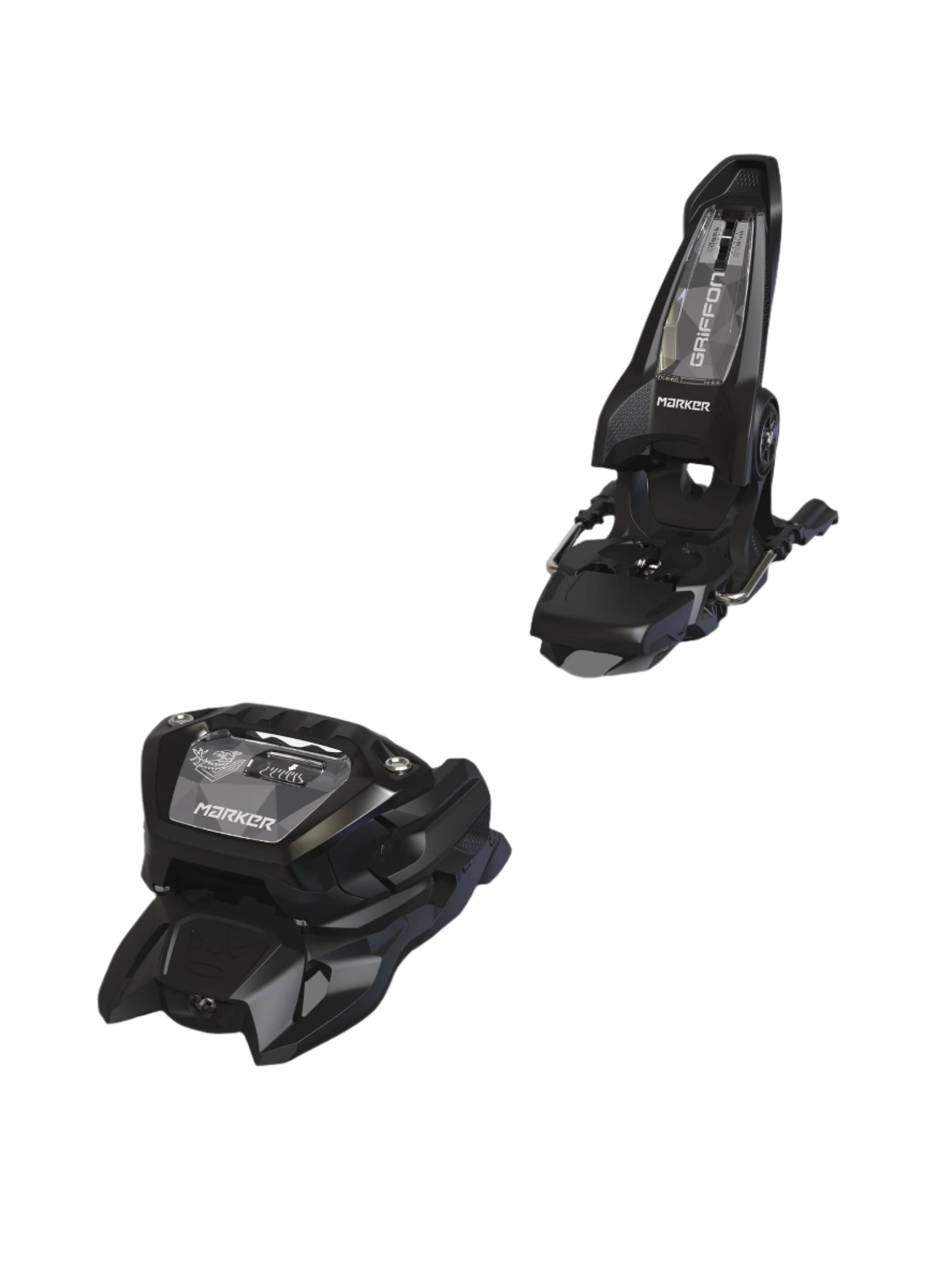 Marker Griffon 13 ID Ski Bindings 2025 - Black ski bindings with silver hardware and a transparent plastic window on the front.