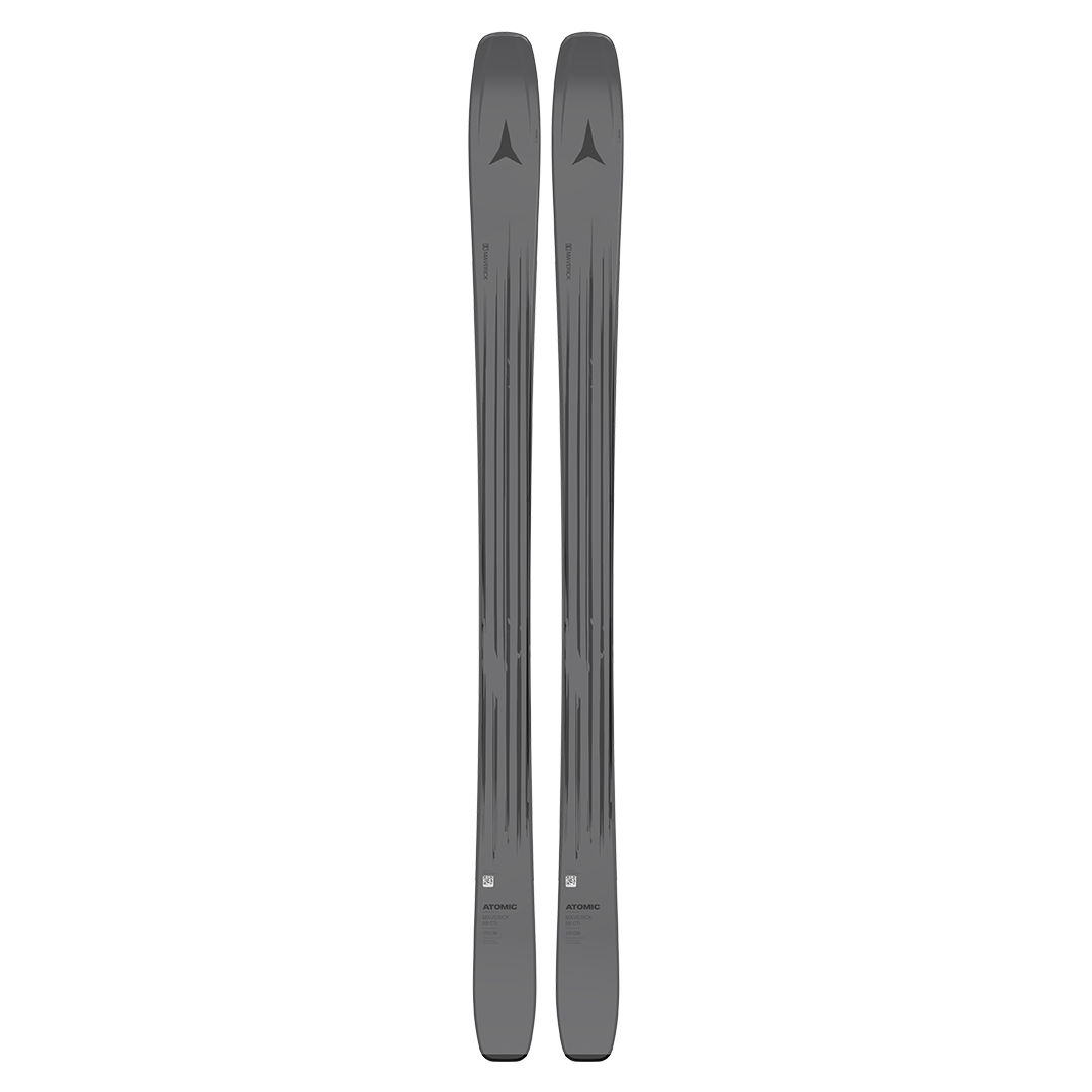 Atomic Maverick 88 CTI Skis 2026 - A pair of dark gray skis with a black logo at the tip, featuring a textured surface and a subtle pattern of thin lines running along their length.