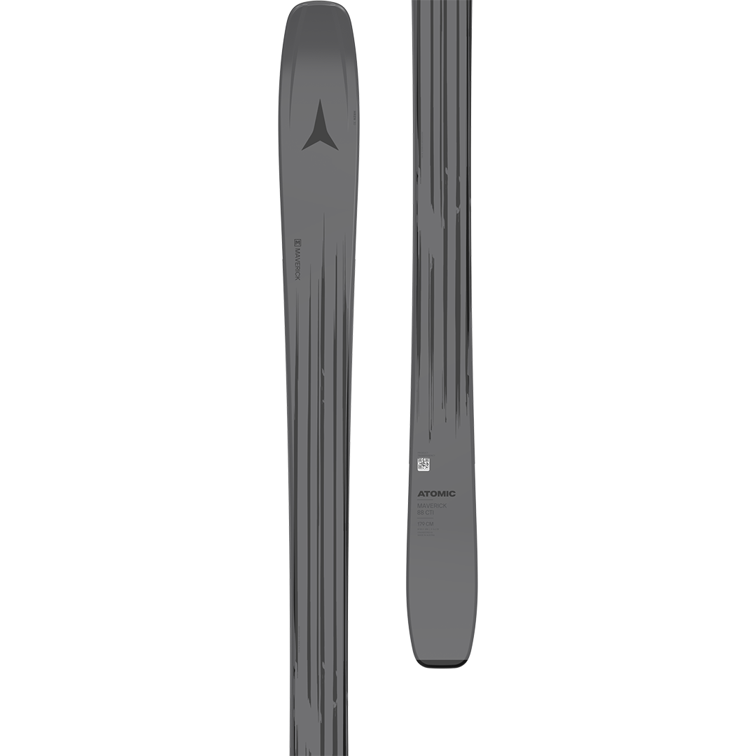 Atomic Maverick - 88 CTI Skis 2026 is a dark gray ski with a black logo at the top and vertical ridges on its surface.