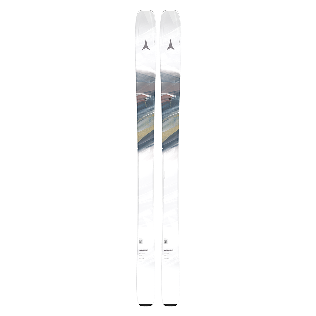 Atomic Women's Maven 86 C Skis 2026 - White skis with a blue and yellow graphic on top.